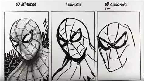 Three drawings of Spiderman, the first one is of high quality and took 10 minutes, the second took 1 minute and has fewer details, the third took 12 seconds and seems scribbled.