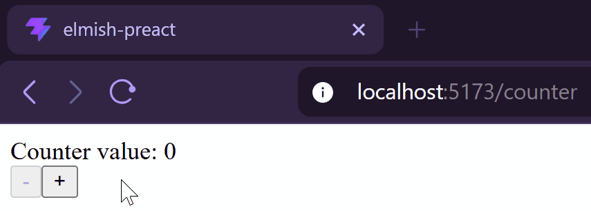 Webpage with the counter value and two buttons -/+ that update on clicks